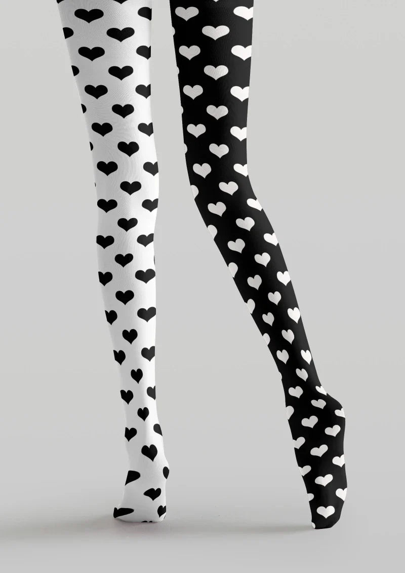 Black White Heart Graphic Tights Hosiery Pantyhose