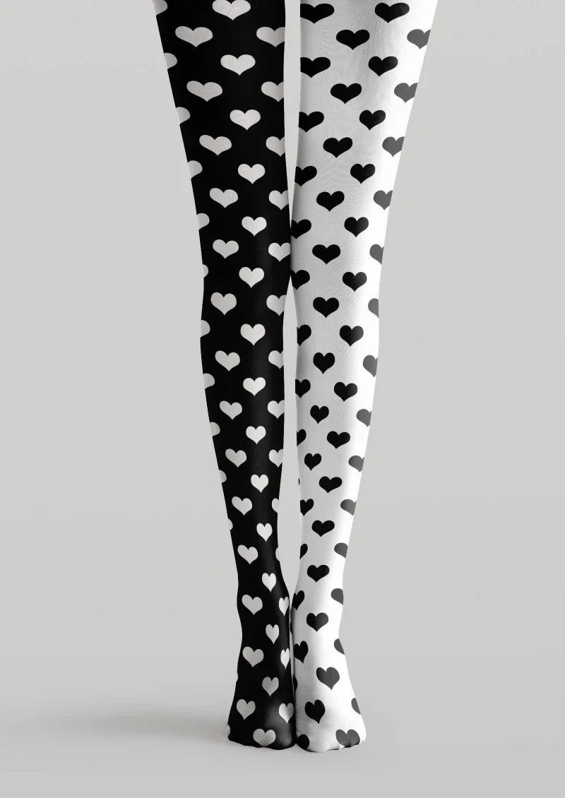 Black White Heart Graphic Tights Hosiery Pantyhose
