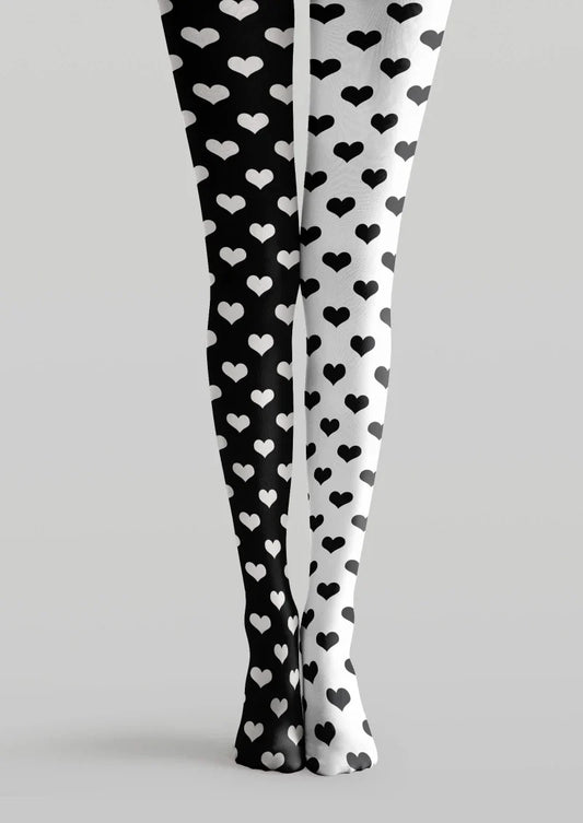 Black White Heart Graphic Tights Hosiery Pantyhose