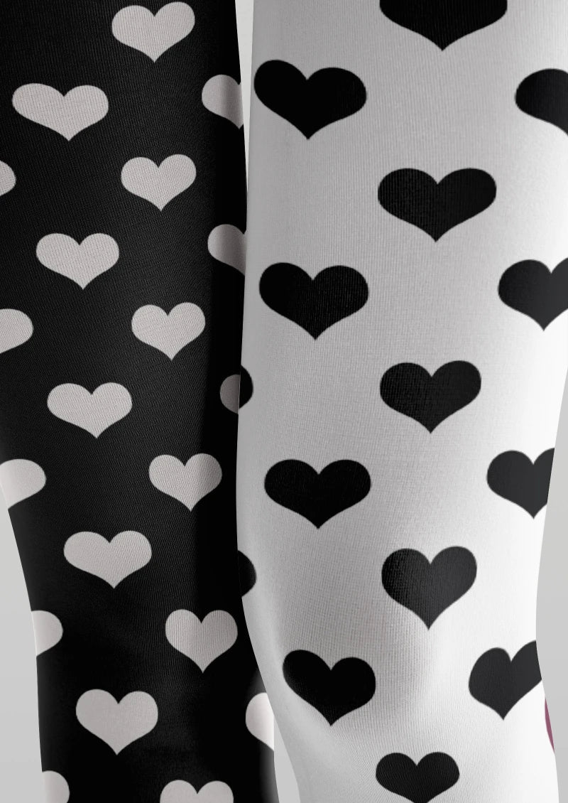 Black White Heart Graphic Tights Hosiery Pantyhose