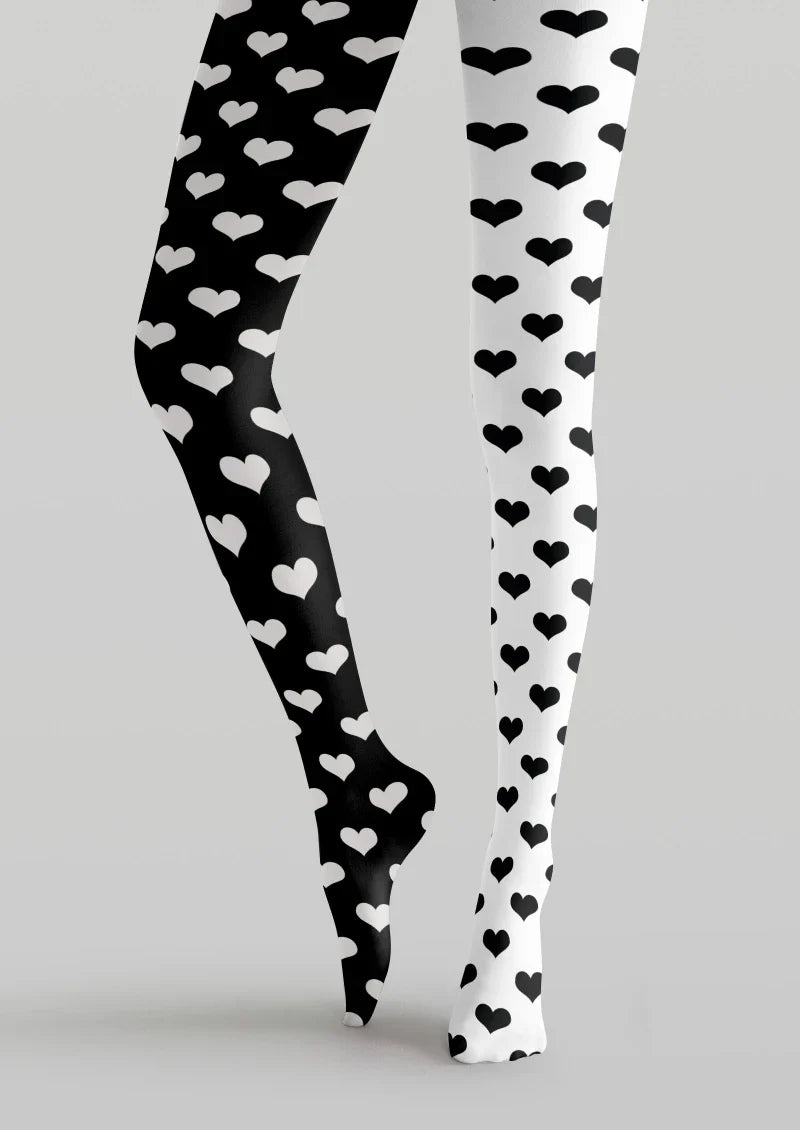 Black White Heart Graphic Tights Hosiery Pantyhose