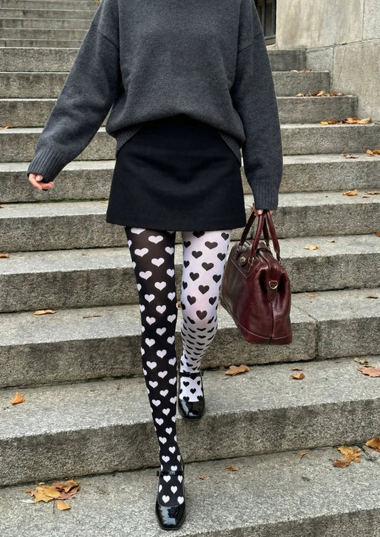 Black White Heart Graphic Tights Hosiery Pantyhose