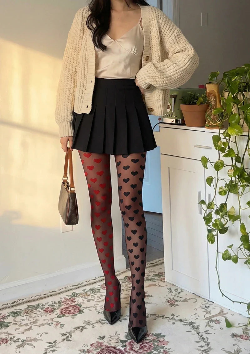 Black Red Heart Polka Dot Tights Hosiery Pantyhose