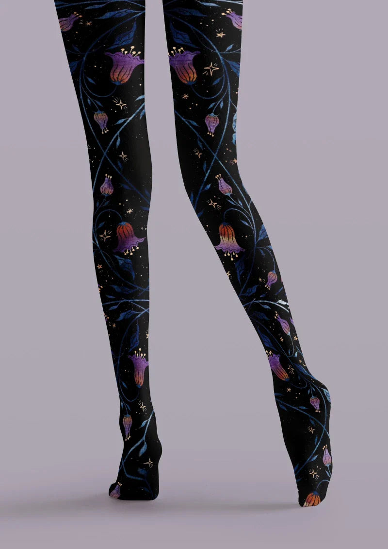 Black Floral Decor Graphic Tights Hosiery Pantyhose