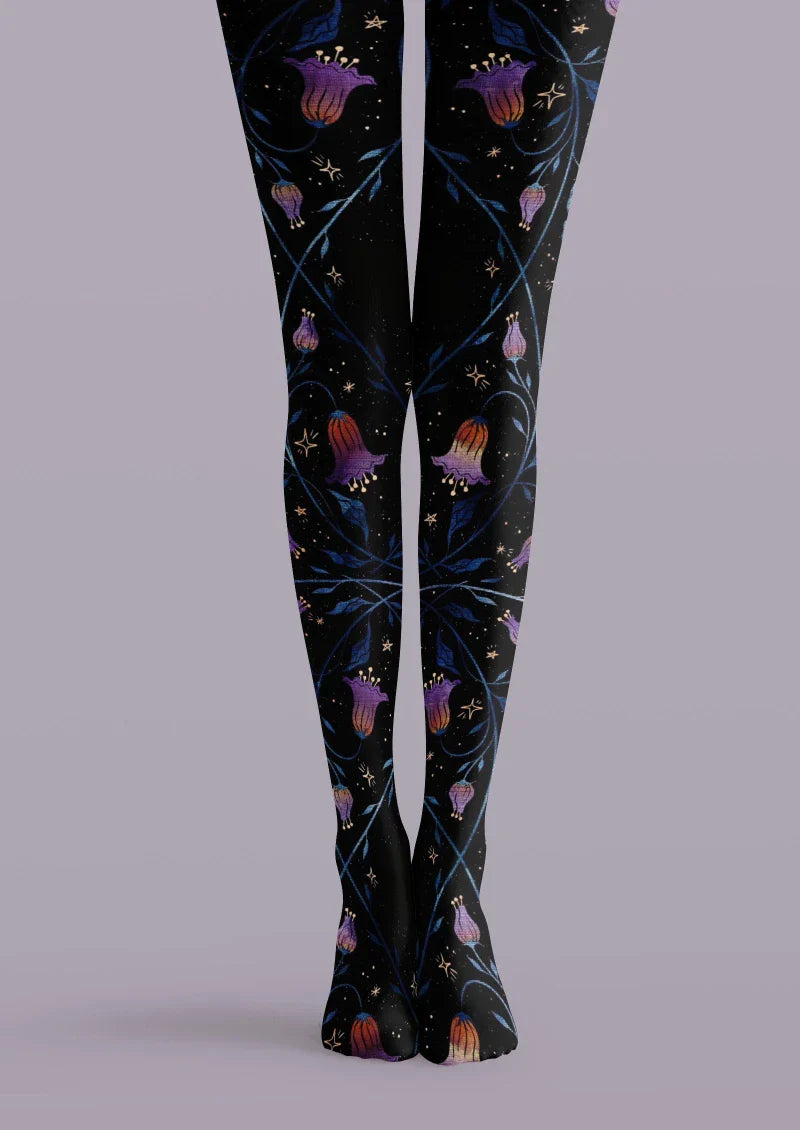 Black Floral Decor Graphic Tights Hosiery Pantyhose