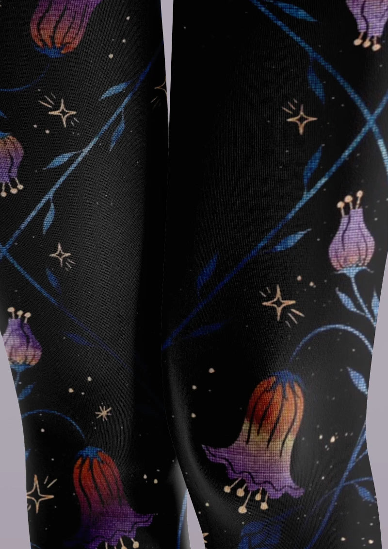 Black Floral Decor Graphic Tights Hosiery Pantyhose