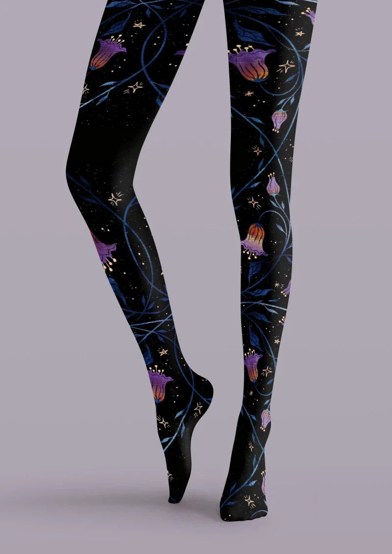 Black Floral Decor Graphic Tights Hosiery Pantyhose