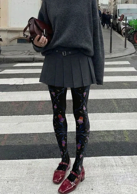 Black Floral Decor Graphic Tights Hosiery Pantyhose
