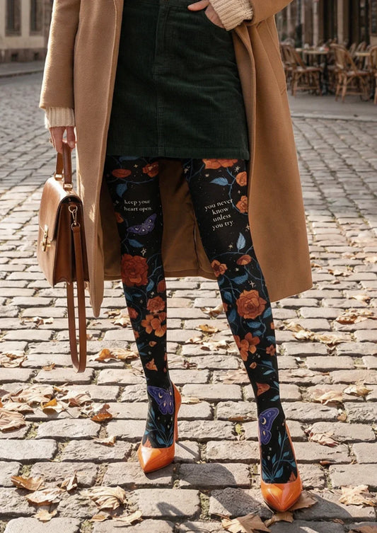 Black Colorful Floral Tights Hosiery Pantyhose