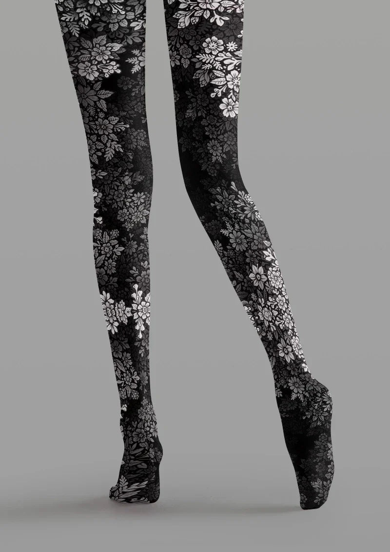 Black White Floral Tights Hosiery Pantyhose