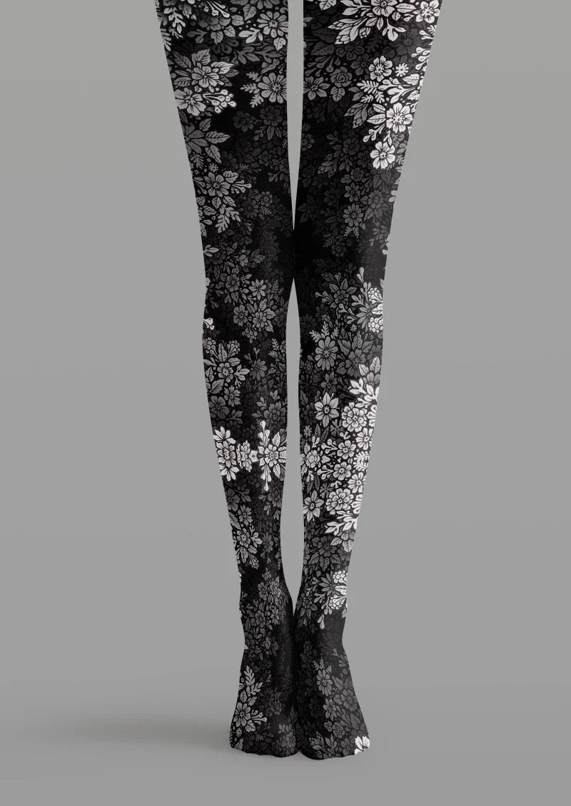 Black White Floral Tights Hosiery Pantyhose