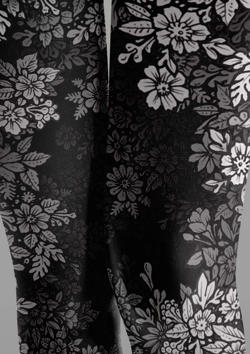Black White Floral Tights Hosiery Pantyhose