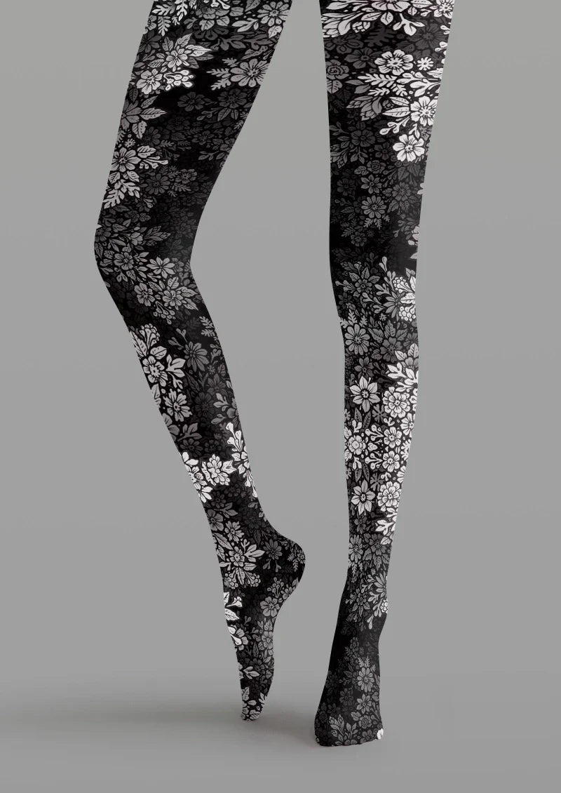 Black White Floral Tights Hosiery Pantyhose