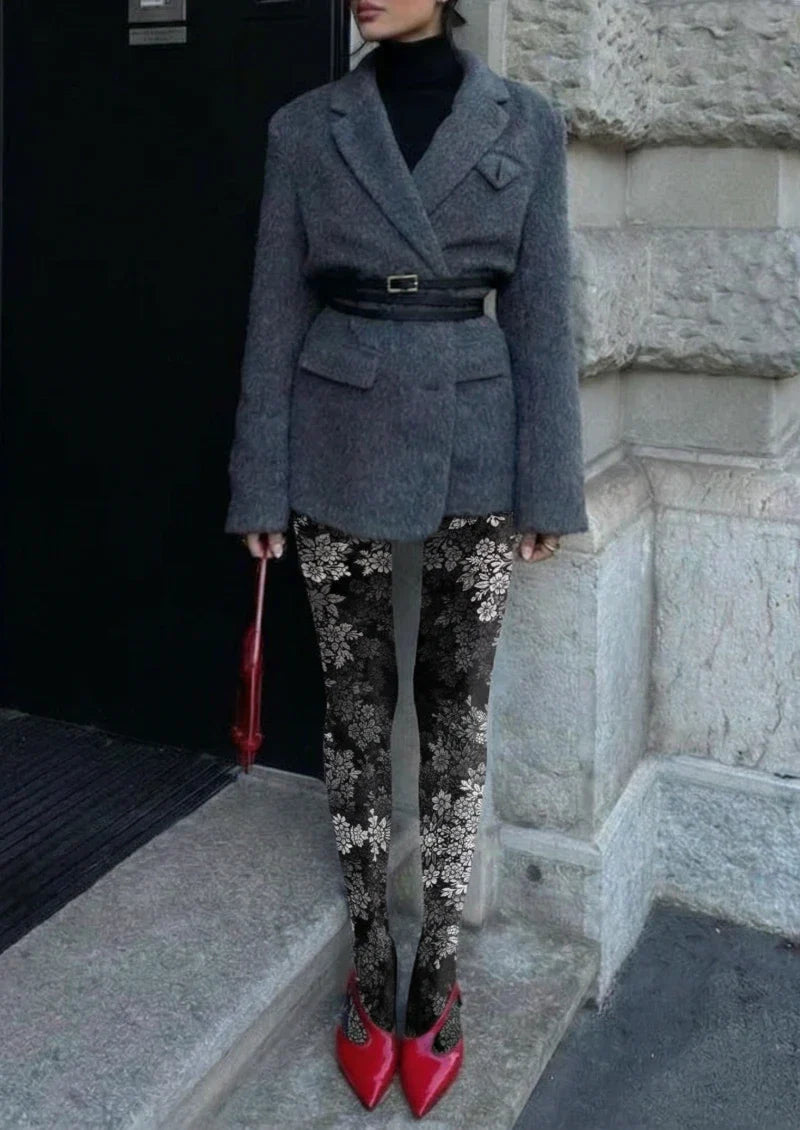 Black White Floral Tights Hosiery Pantyhose