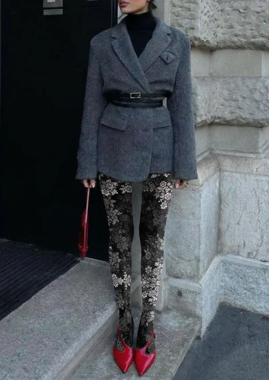 Black White Floral Tights Hosiery Pantyhose