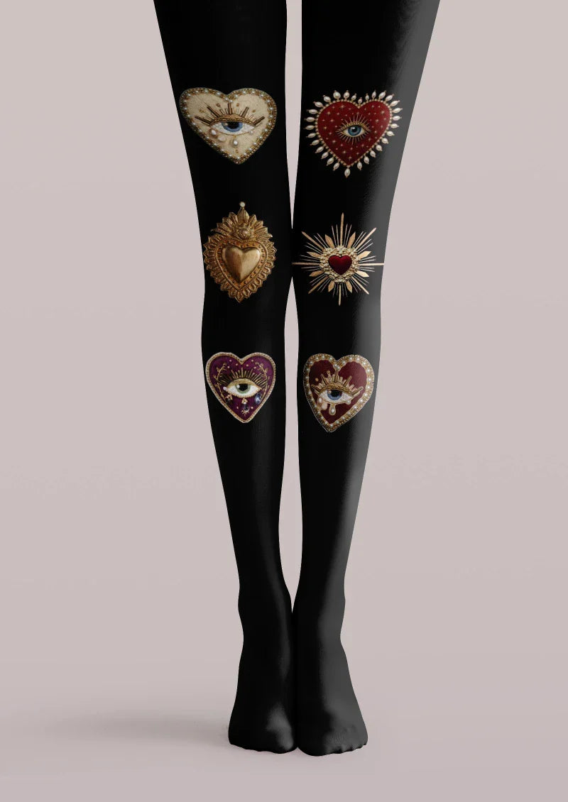 Black Heart Decor Graphic Tights Hosiery Pantyhose