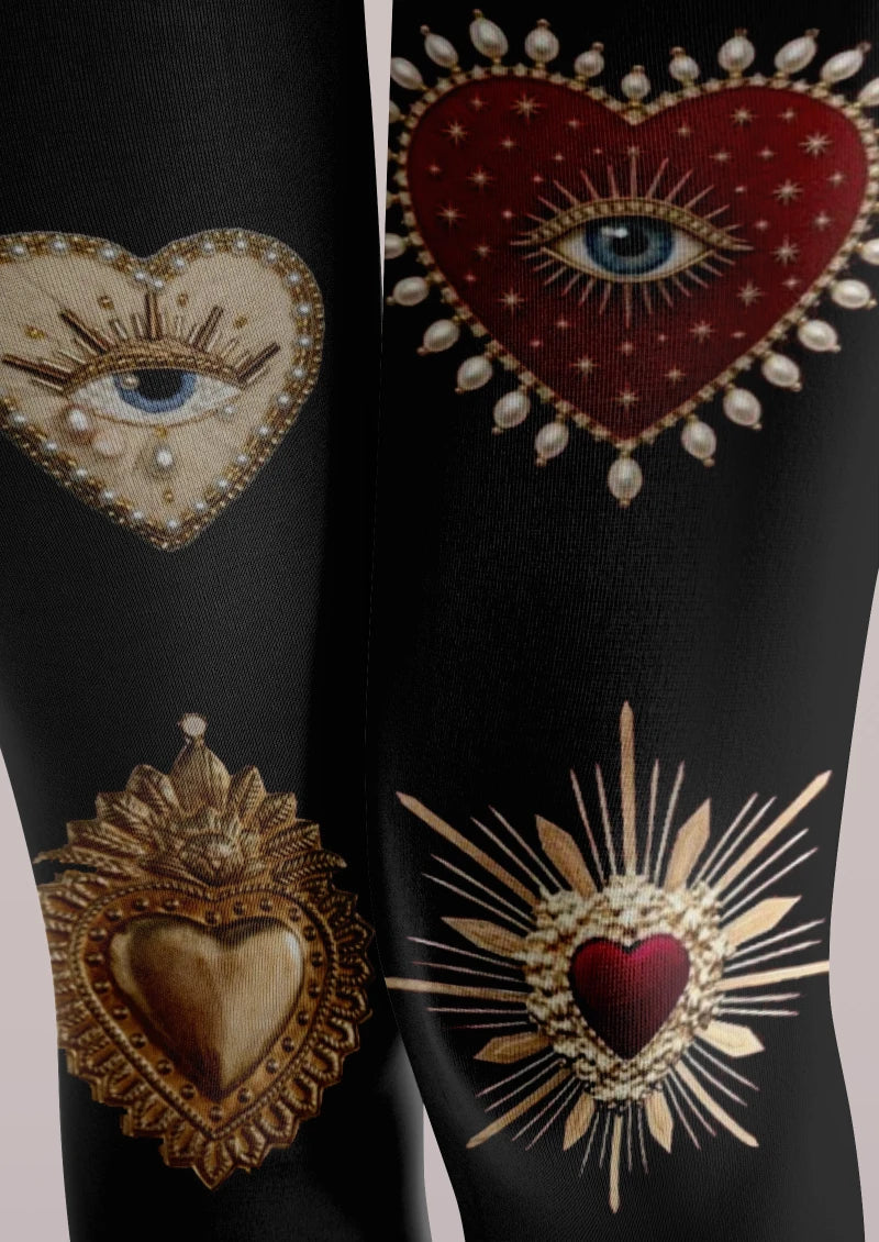 Black Heart Decor Graphic Tights Hosiery Pantyhose