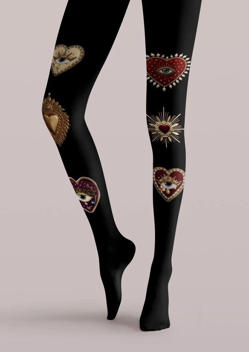 Black Heart Decor Graphic Tights Hosiery Pantyhose