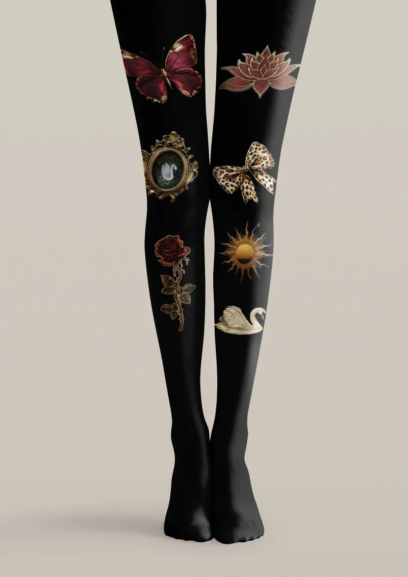 Black Butterfly Floral Tights Hosiery Pantyhose