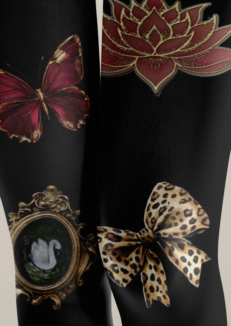 Black Butterfly Floral Tights Hosiery Pantyhose