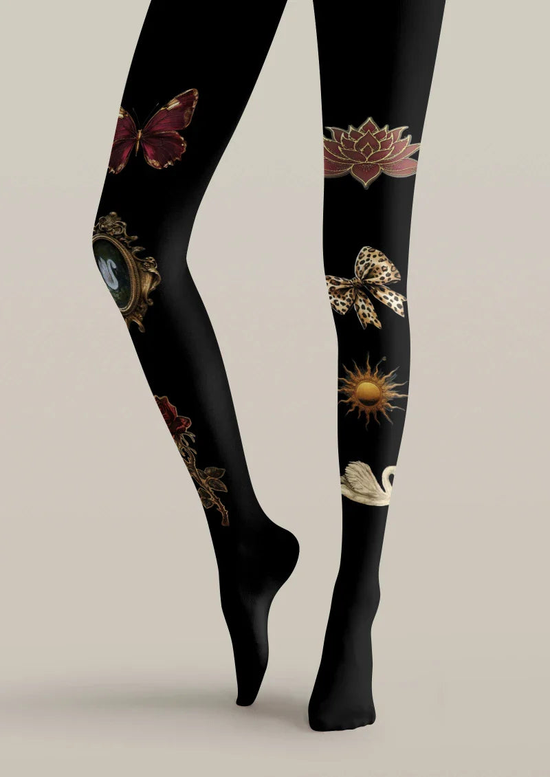 Black Butterfly Floral Tights Hosiery Pantyhose