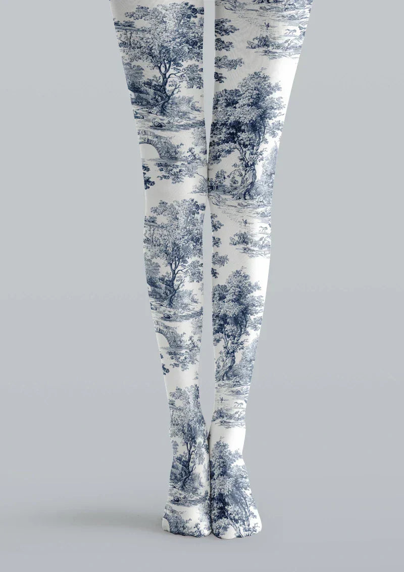 Blue White Floral Jacquard Tights Hosiery Pantyhose