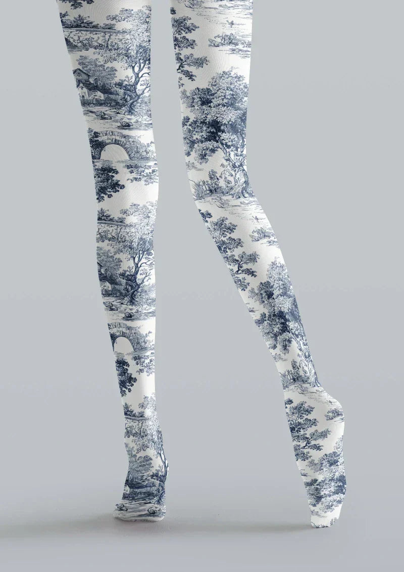 Blue White Floral Jacquard Tights Hosiery Pantyhose