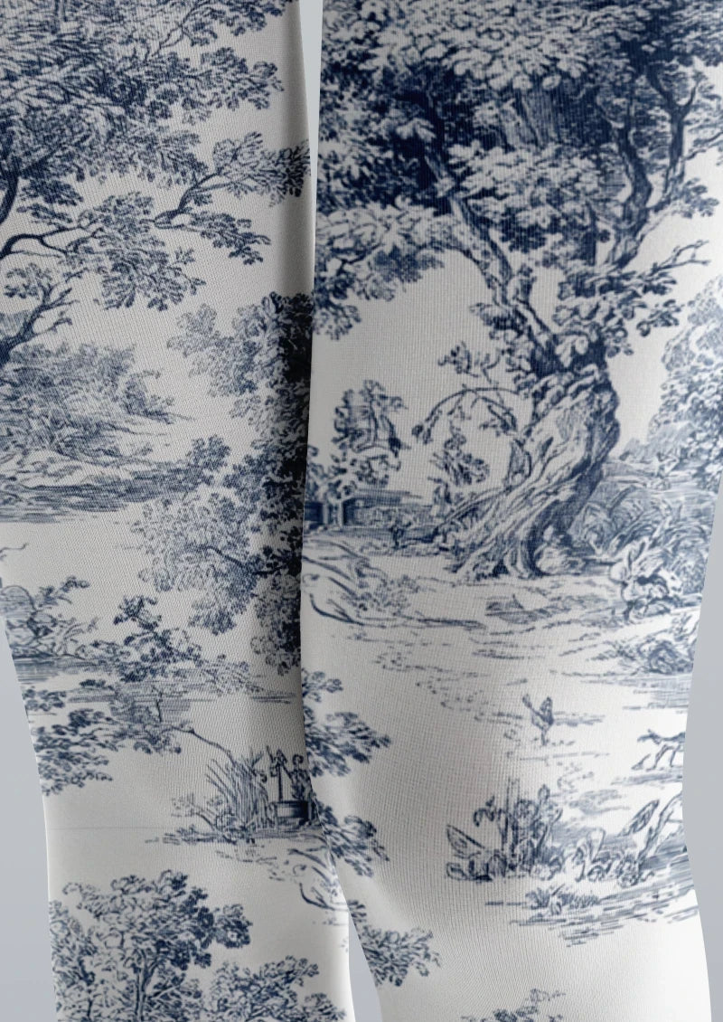 Blue White Floral Jacquard Tights Hosiery Pantyhose