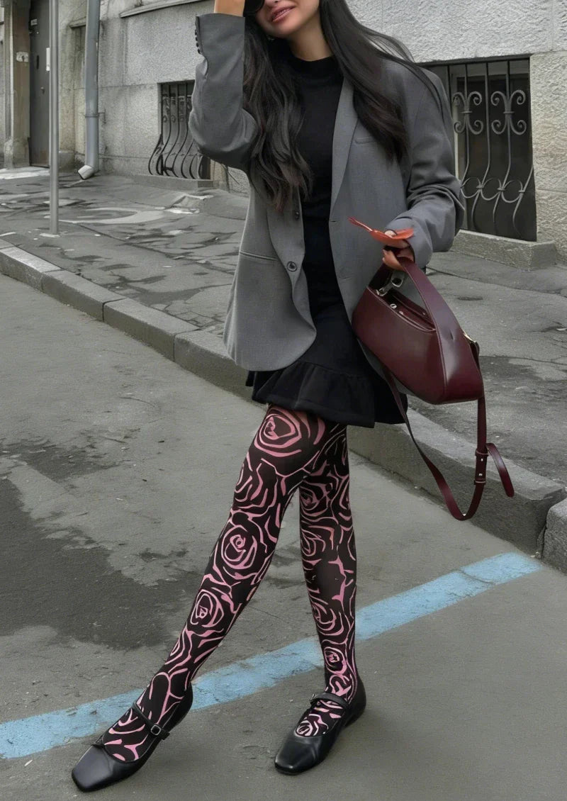 Pink Black Abstract Line Tights Hosiery Pantyhose
