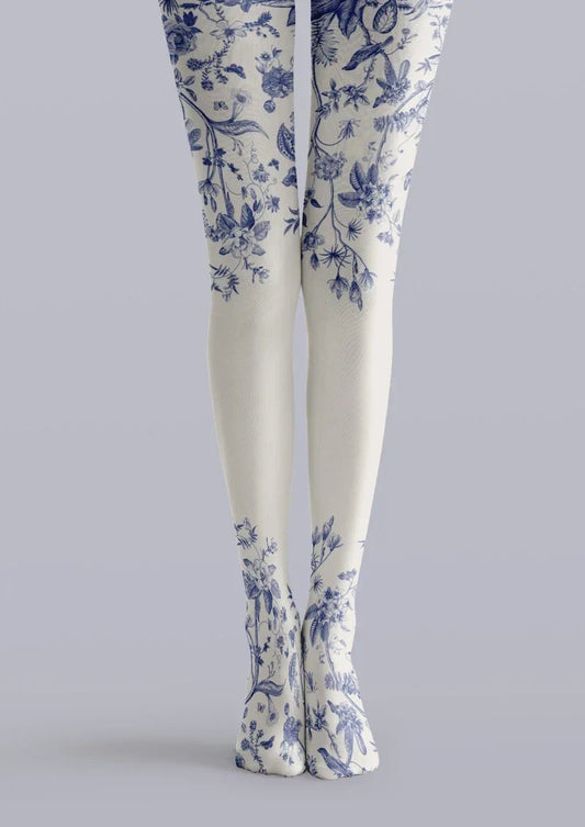 Blue White Porcelain Floral Tights Hosiery Pantyhose