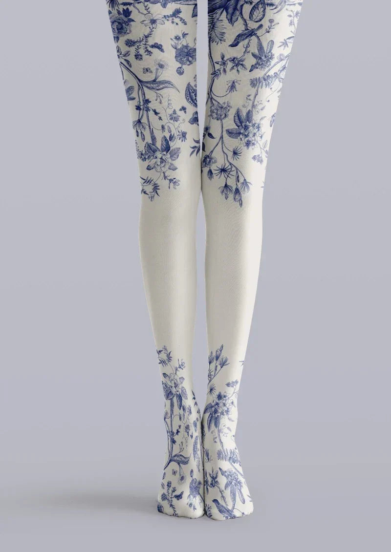 Blue White Porcelain Floral Tights Hosiery Pantyhose