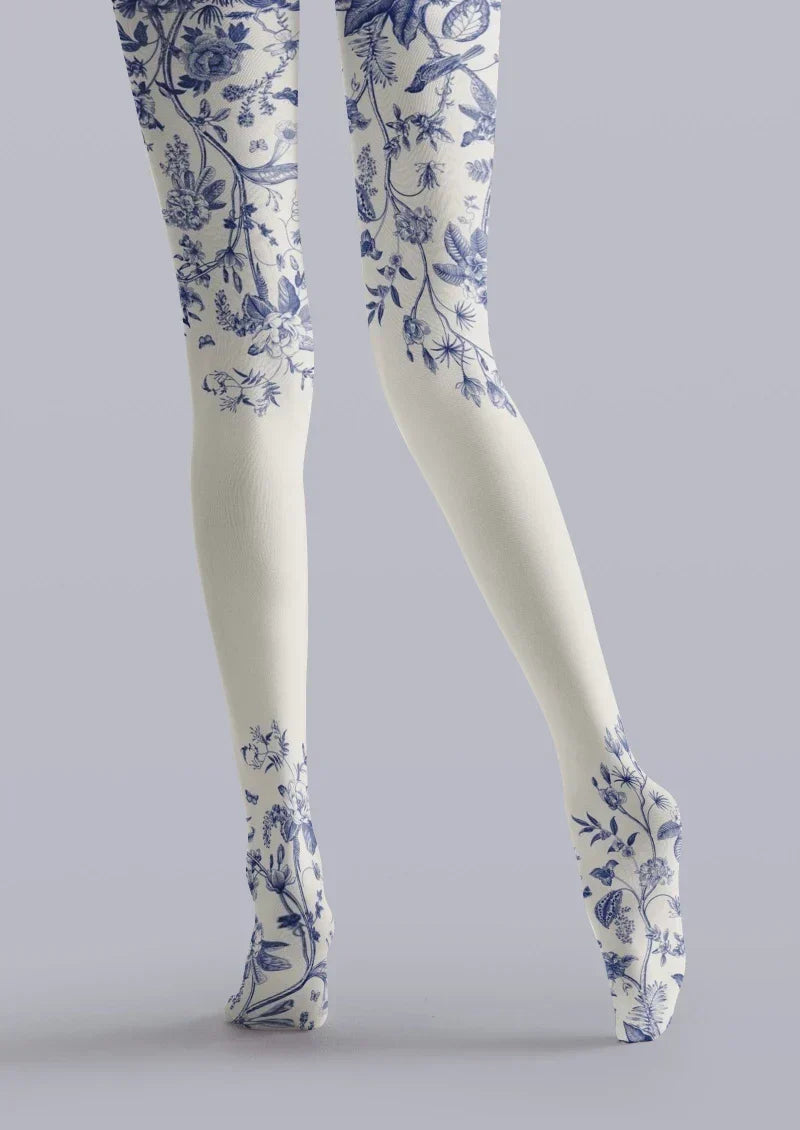 Blue White Porcelain Floral Tights Hosiery Pantyhose