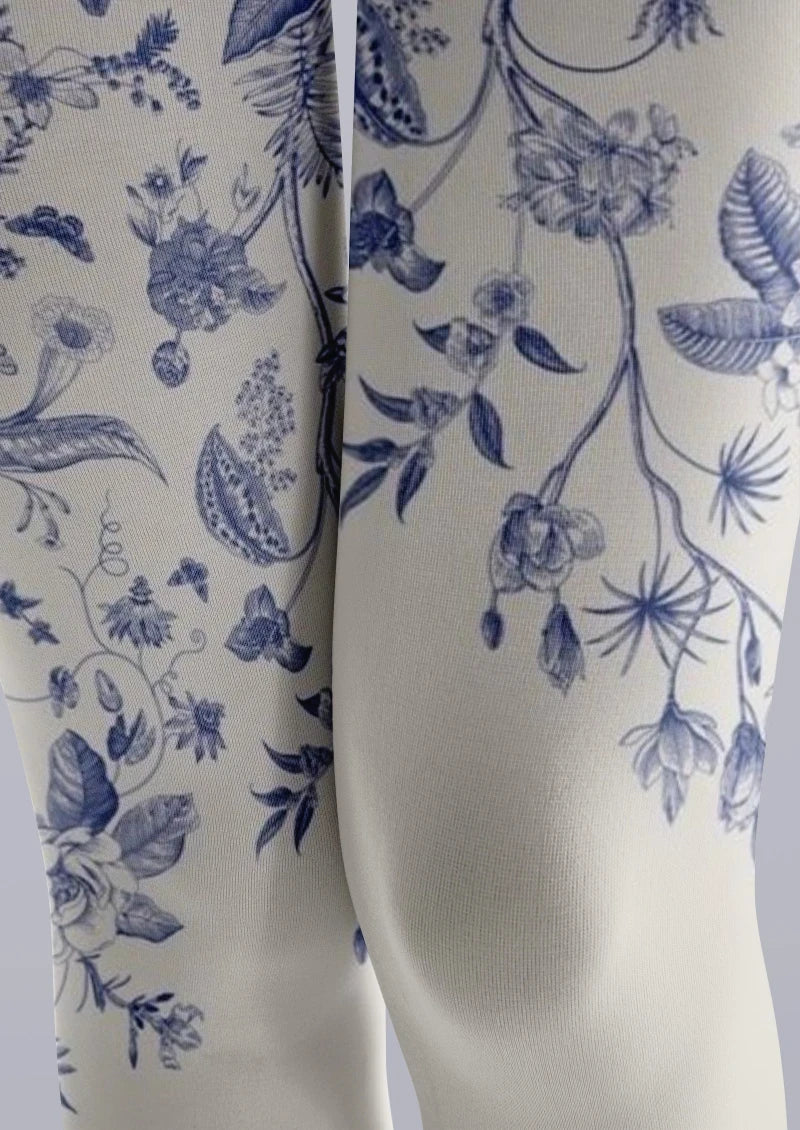 Blue White Porcelain Floral Tights Hosiery Pantyhose