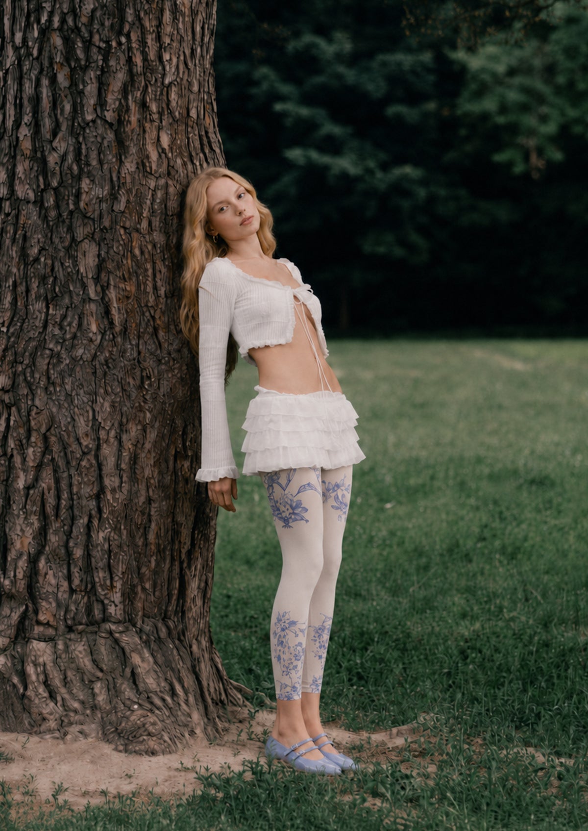 Porcelain Floral Footless Tights Hosiery Leggings