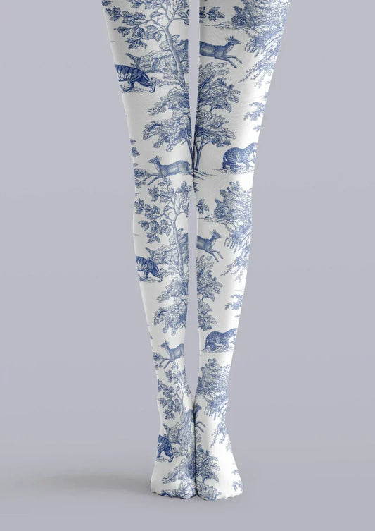 Blue White Porcelain Floral Tights Hosiery Pantyhose