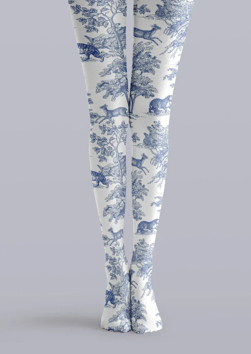 Blue White Porcelain Floral Tights Hosiery Pantyhose
