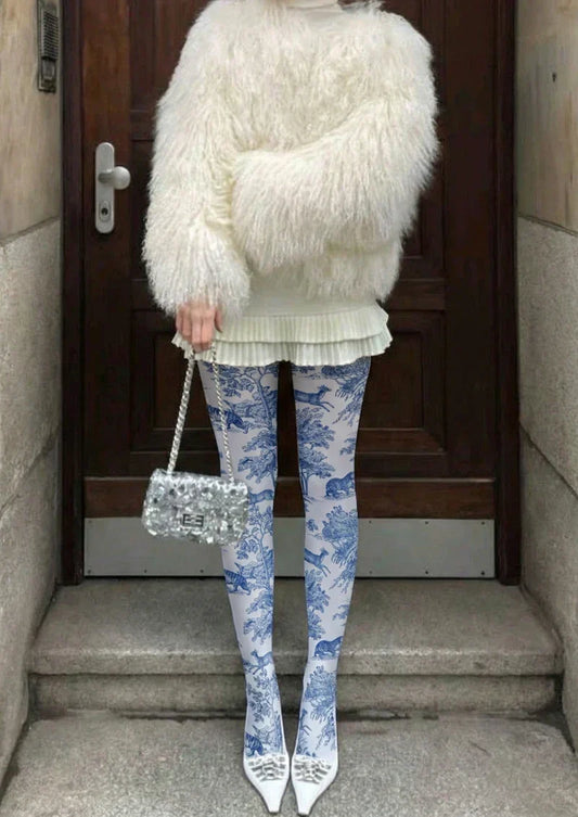 Blue White Porcelain Floral Tights Hosiery Pantyhose