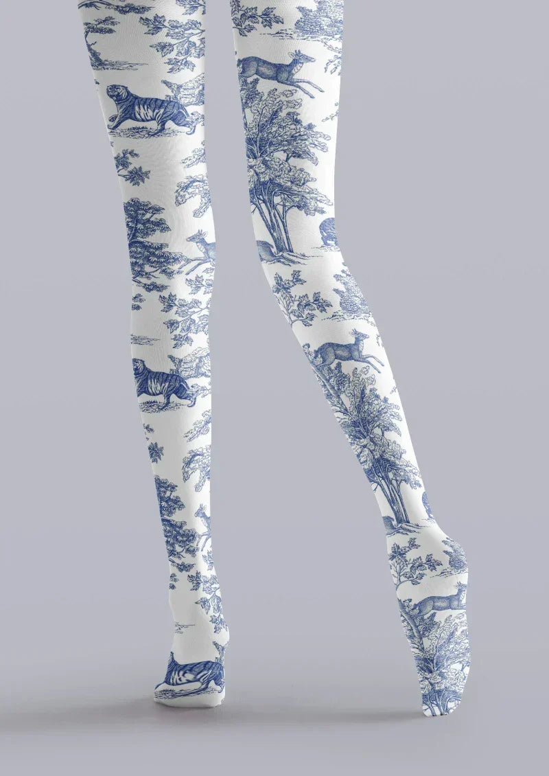 Blue White Porcelain Floral Tights Hosiery Pantyhose