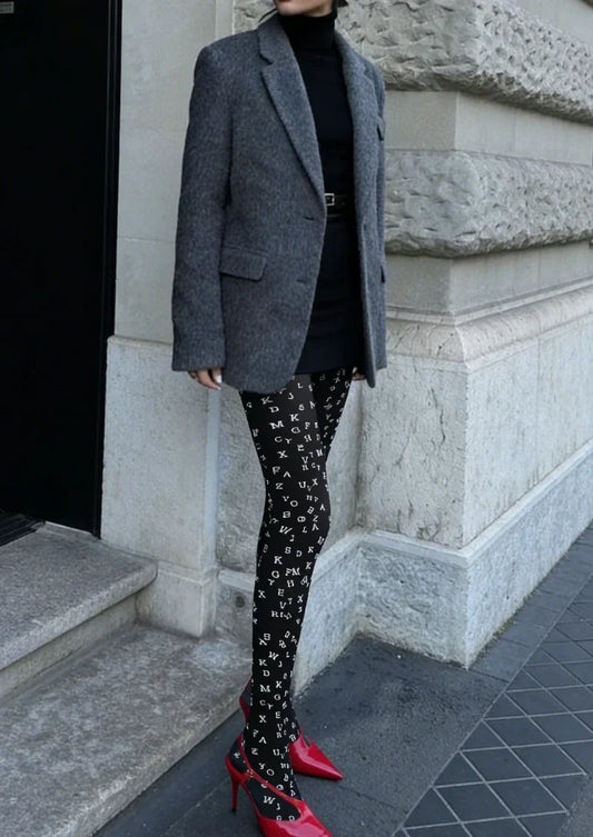Black White Letter Graphic Tights Hosiery Pantyhose