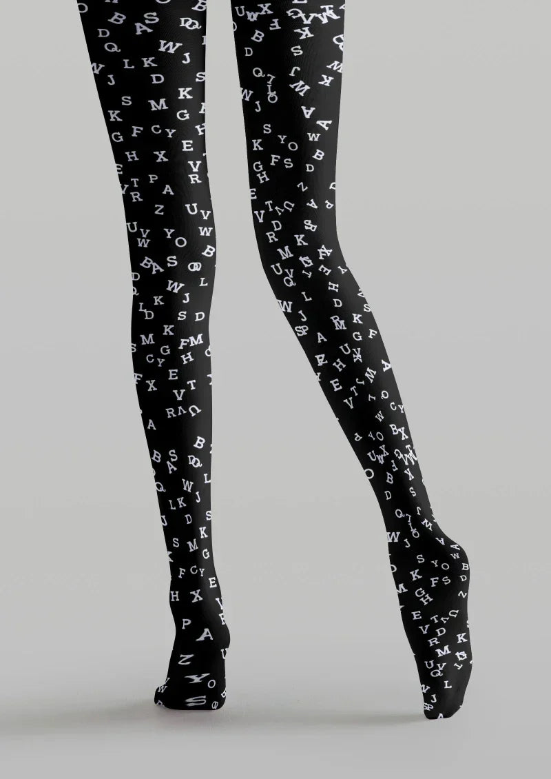 Black White Letter Graphic Tights Hosiery Pantyhose