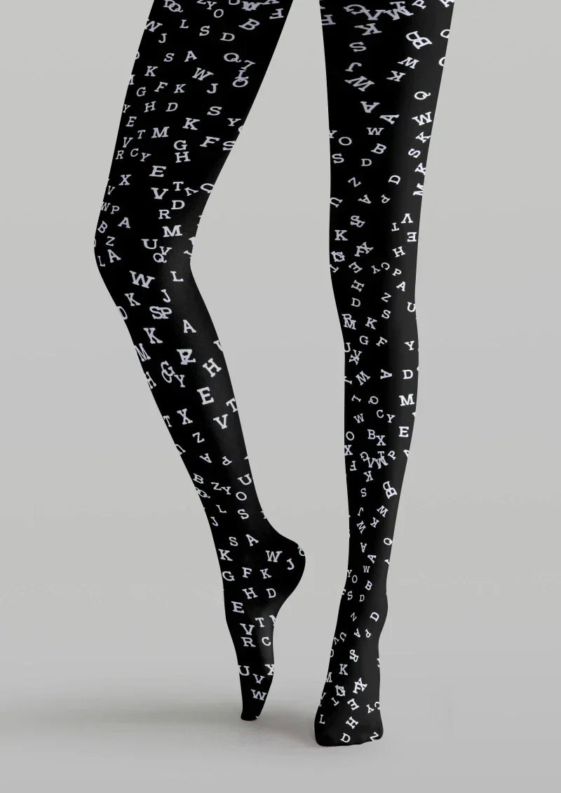 Black White Letter Graphic Tights Hosiery Pantyhose