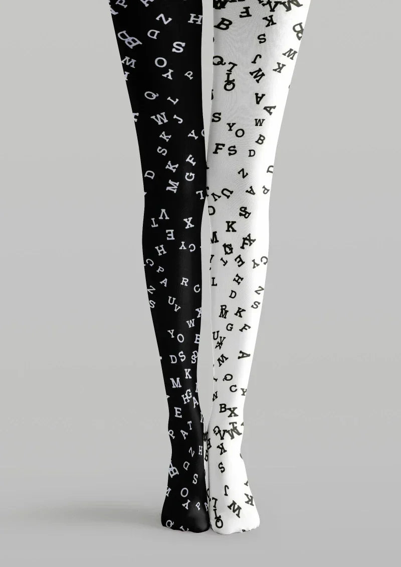 White Black Letter Graphic Tights Hosiery Pantyhose
