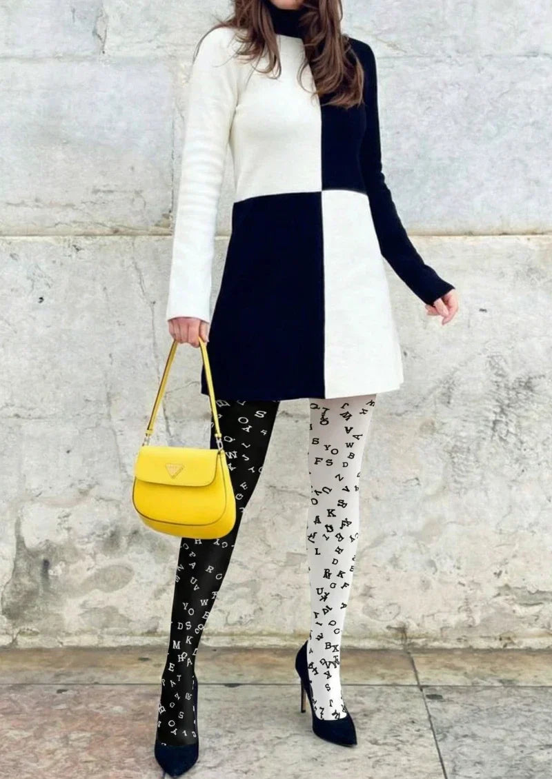 White Black Letter Graphic Tights Hosiery Pantyhose