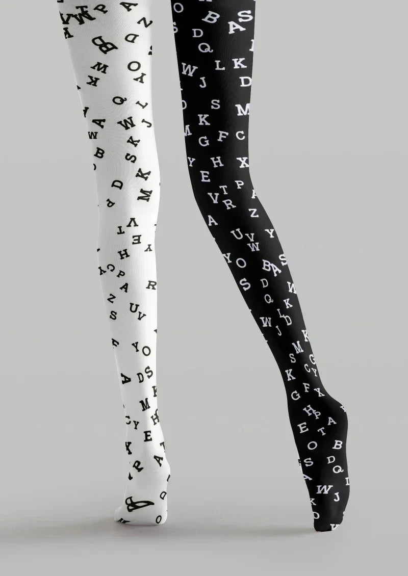 White Black Letter Graphic Tights Hosiery Pantyhose