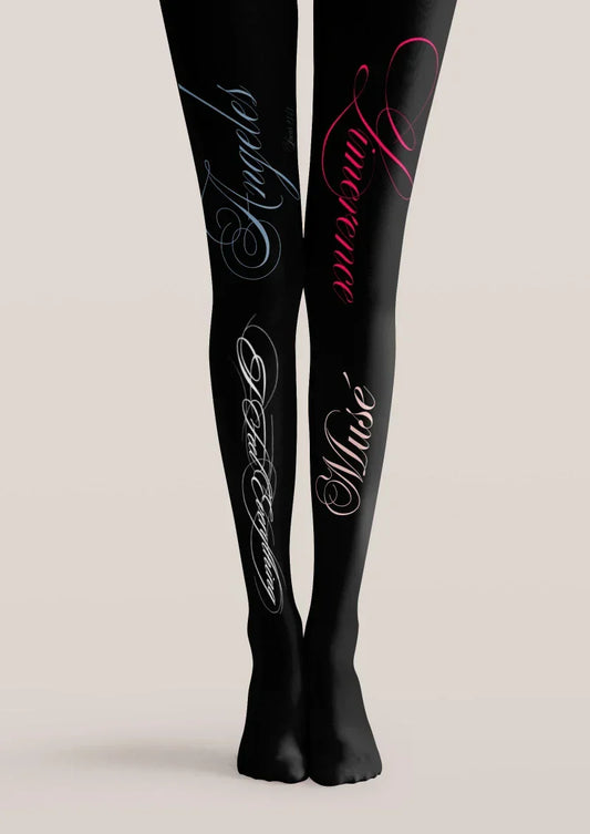 Black White Handwritten Text Tights Hosiery Pantyhose
