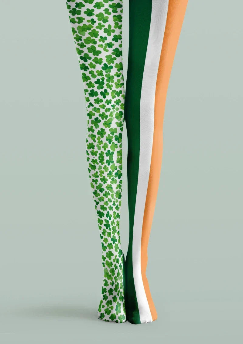 Green White Clover Striped Tights Hosiery Pantyhose