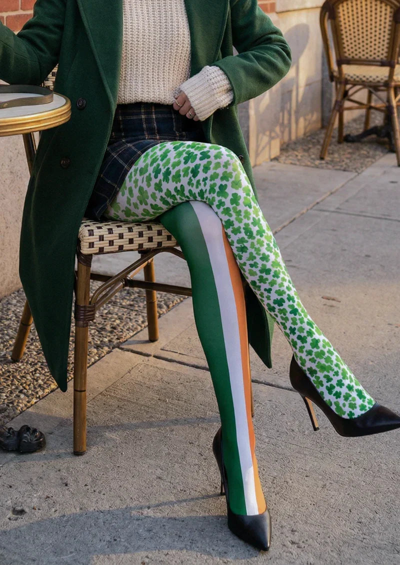 Green White Clover Striped Tights Hosiery Pantyhose