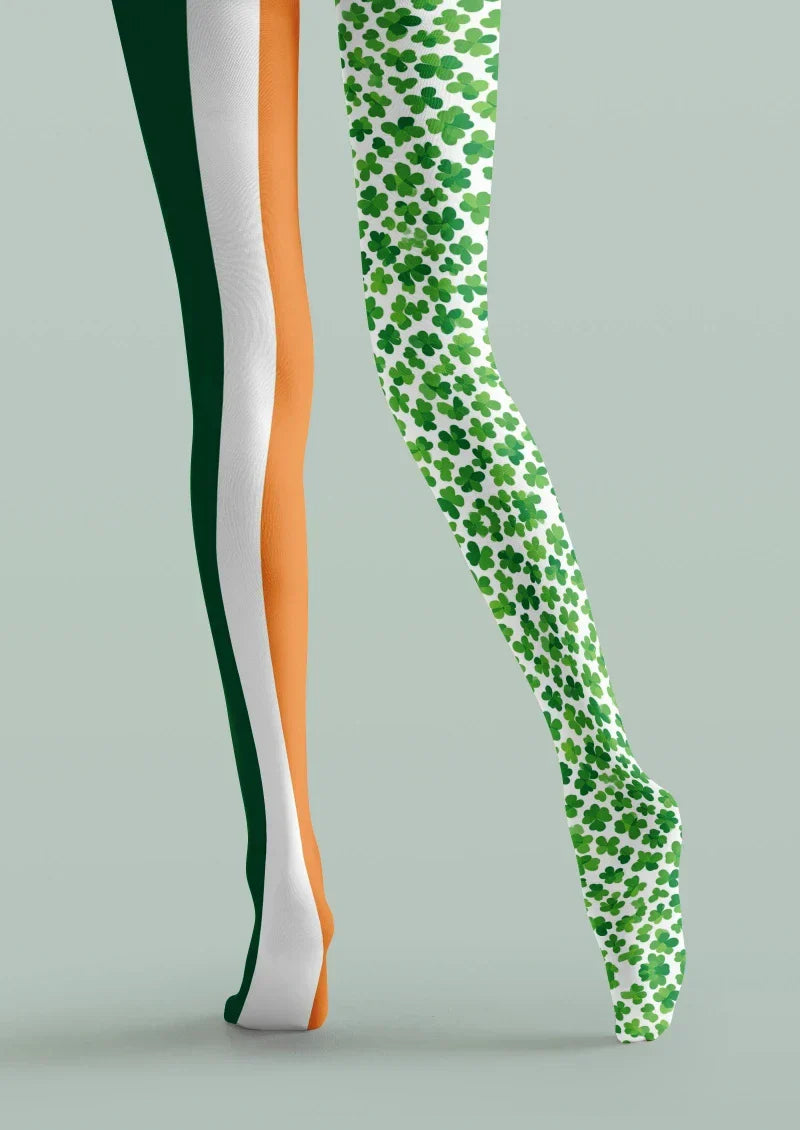 Green White Clover Striped Tights Hosiery Pantyhose