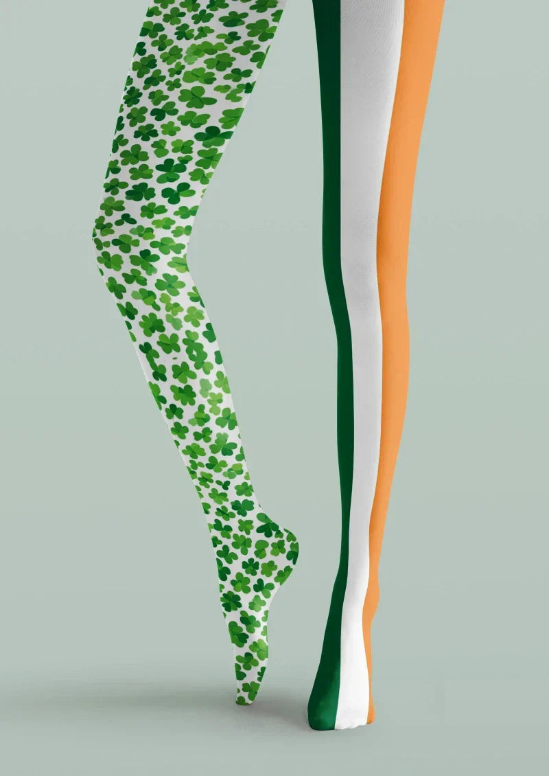 Green White Clover Striped Tights Hosiery Pantyhose