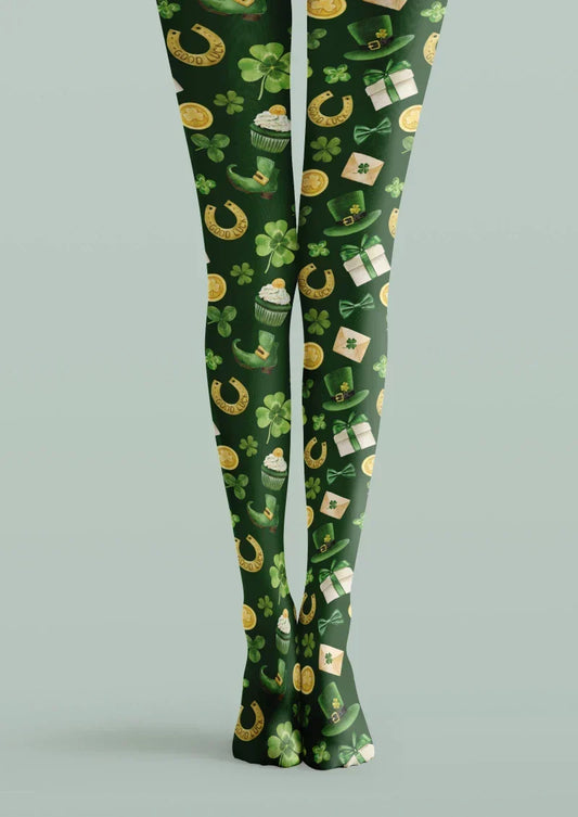 Green Gold Clover Graphic Tights Hosiery Pantyhose